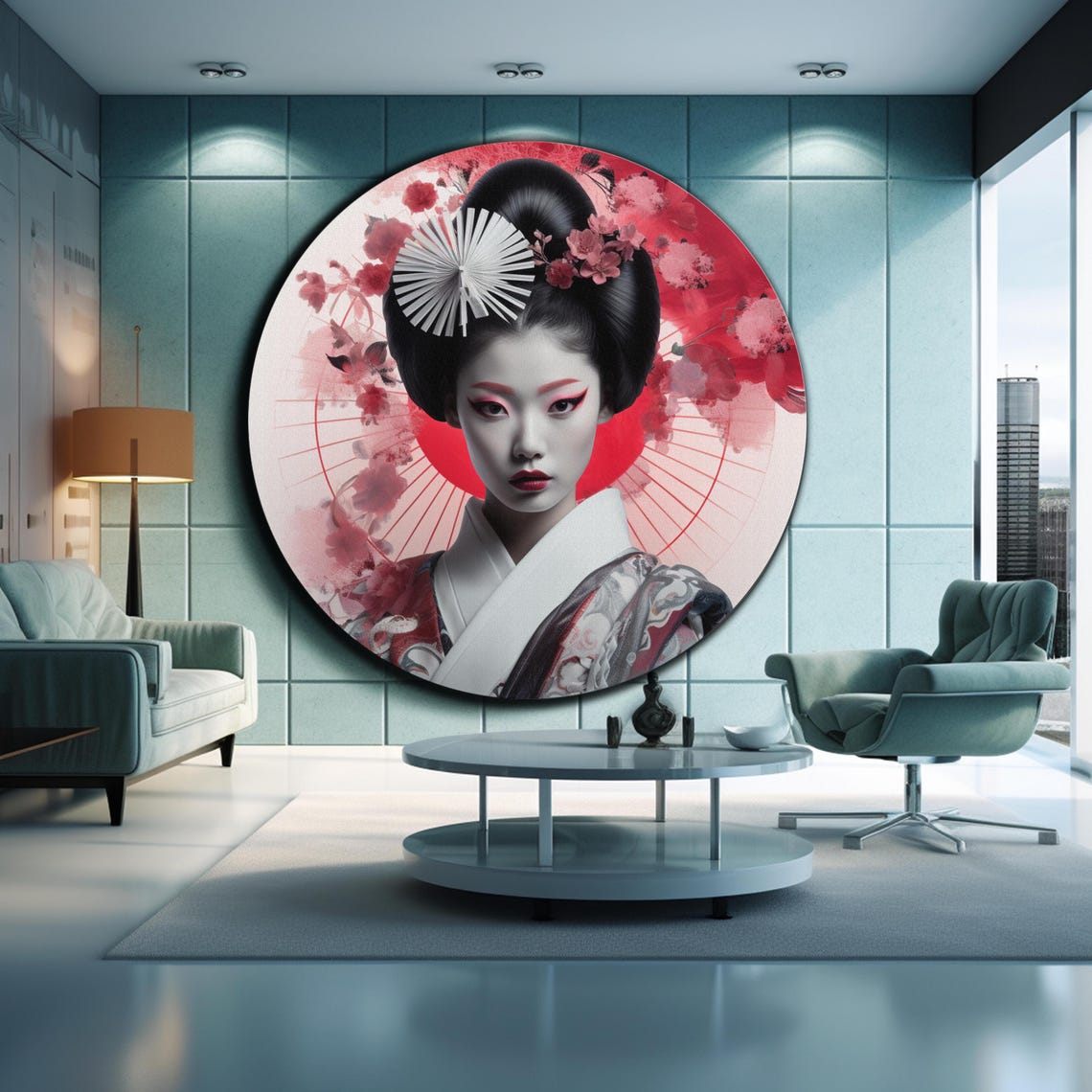 Geisha Portrait Round Pink Blossom Kimono Elegant Wall Art Poster - Image 2