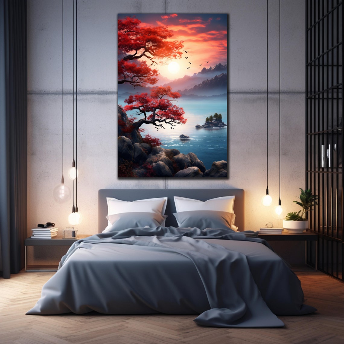 Red Maple Trees Rocky Shore Sunset Mountain Lake Landscape Poster - Image 2