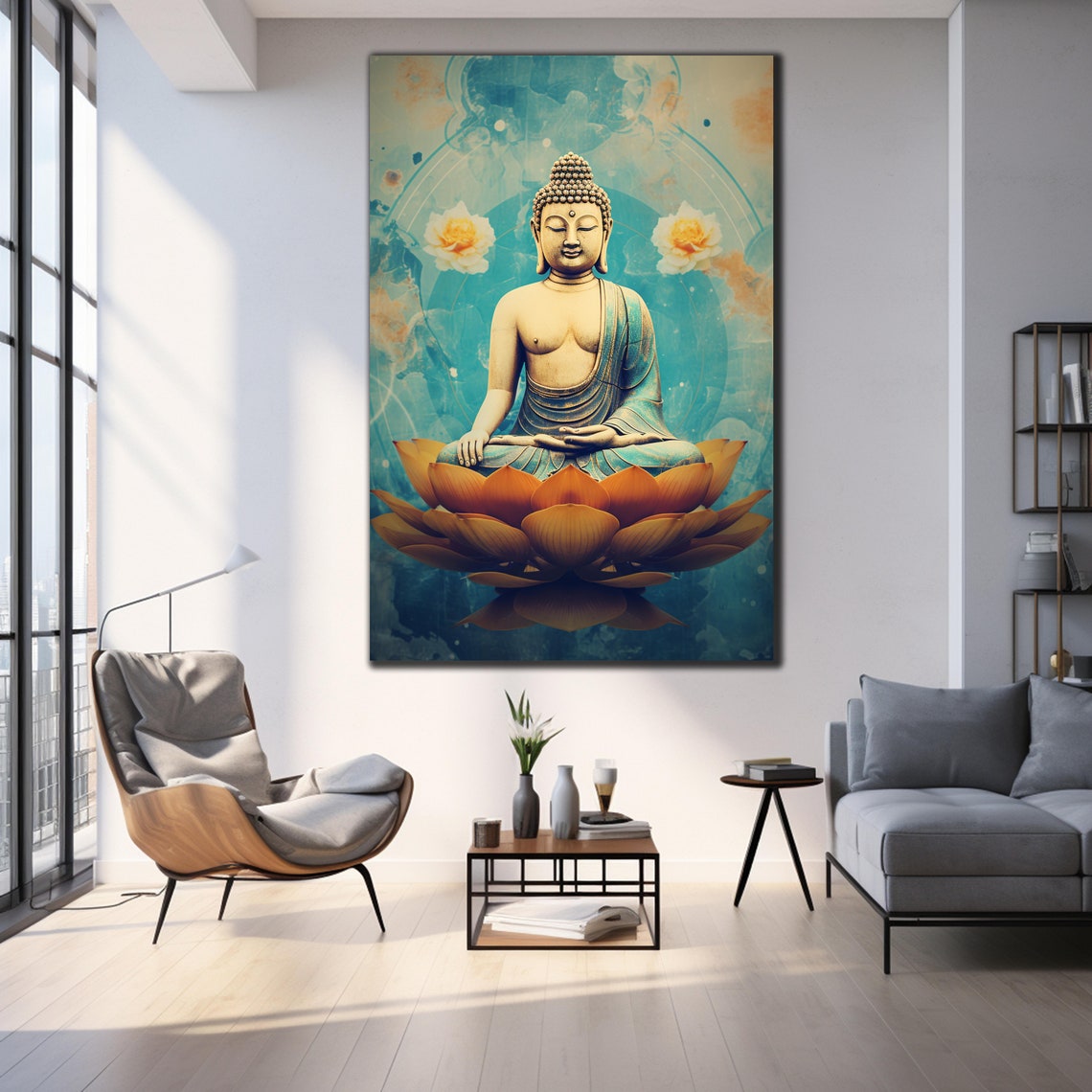 Buddha Meditating Amber Lotus Teal Background Zen Wall Art Poster - Image 4