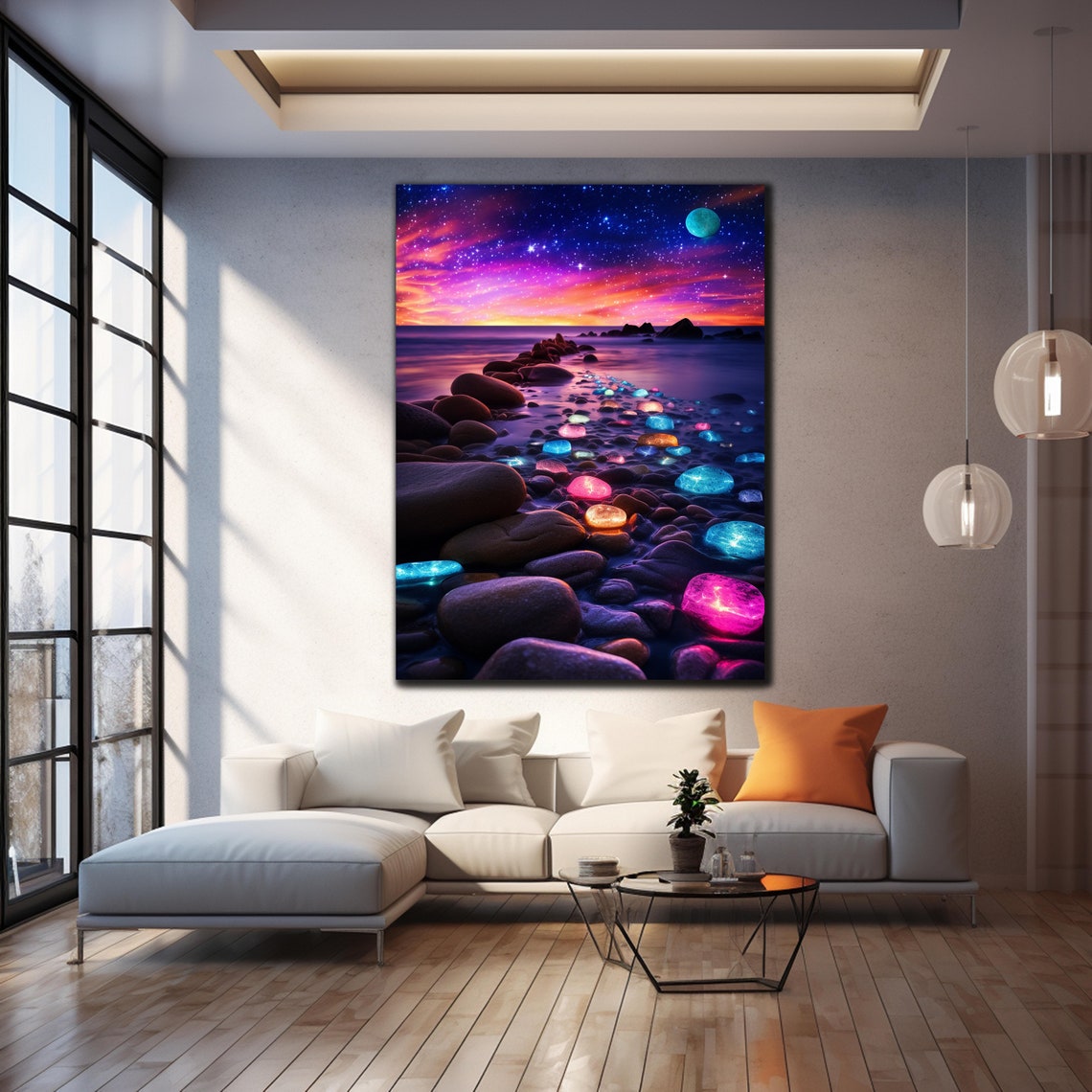 Galaxy Beach Sunset Glowing Colorful Stones Moonlight Sky Art Poster - Image 4