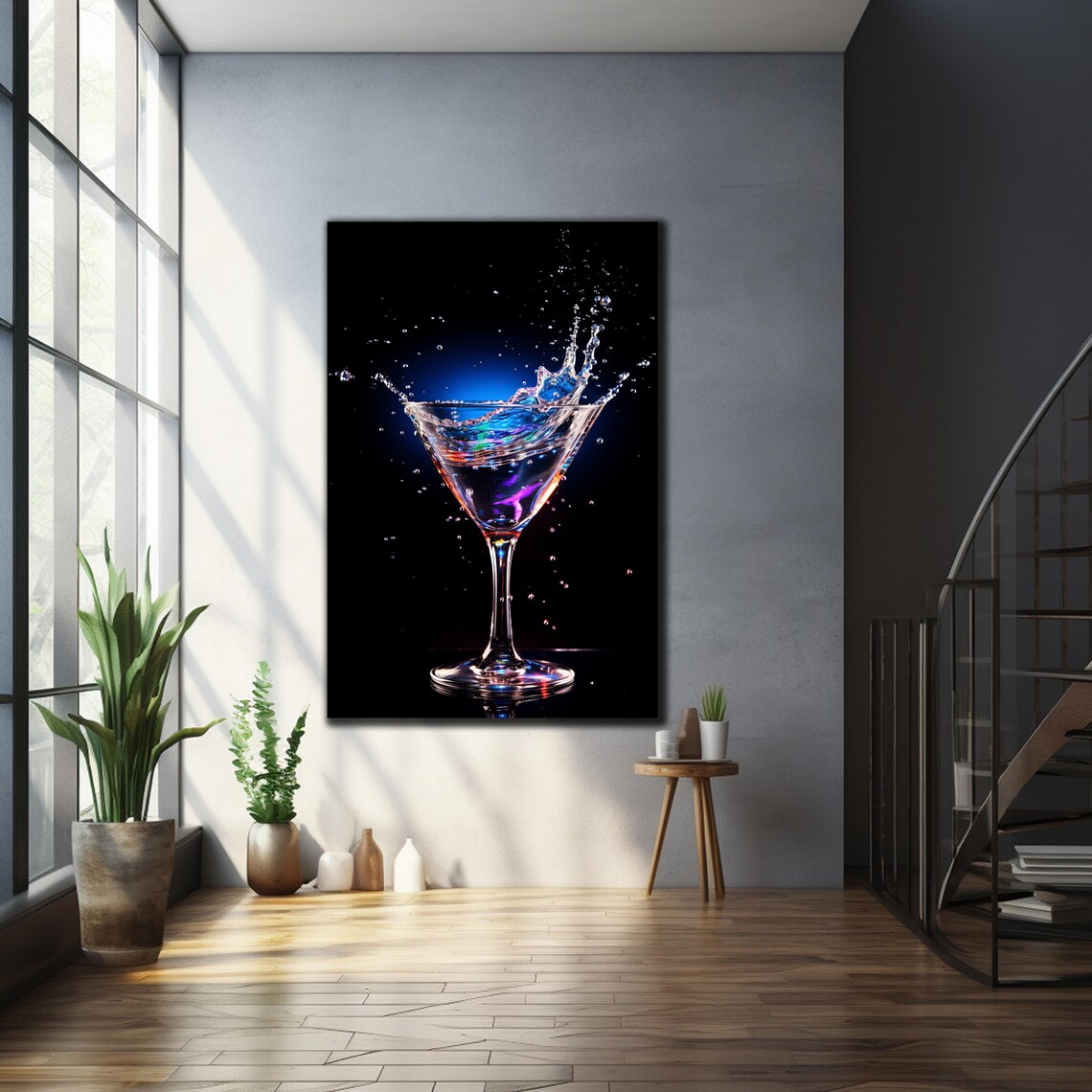 Blue Martini Splash Glass Wall Art Black Background Iridescent Cocktail Bar Print - Image 3