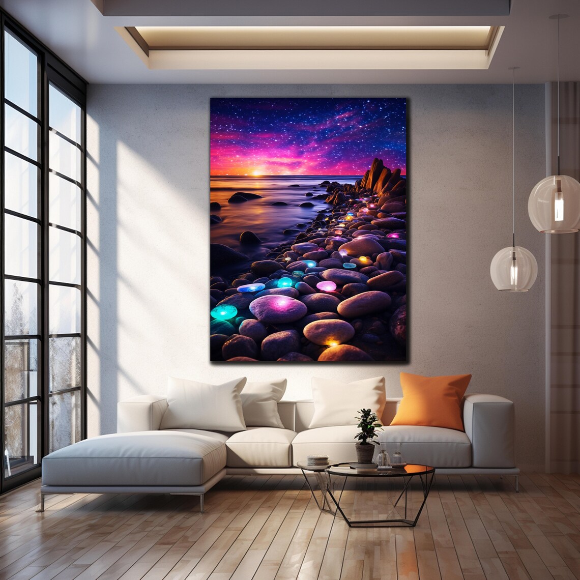Night Beach Glowing Pebbles Starry Sky Sunset Shore Travel Poster - Image 4