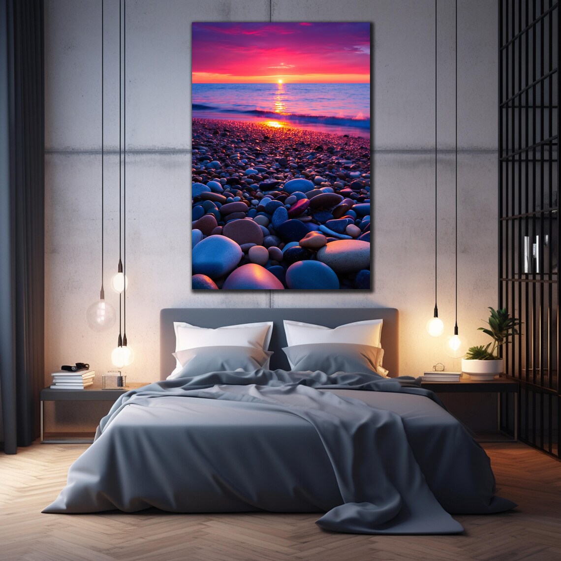 Pink Purple Pebble Beach Sunset Ocean Horizon Stones Travel Poster - Image 2