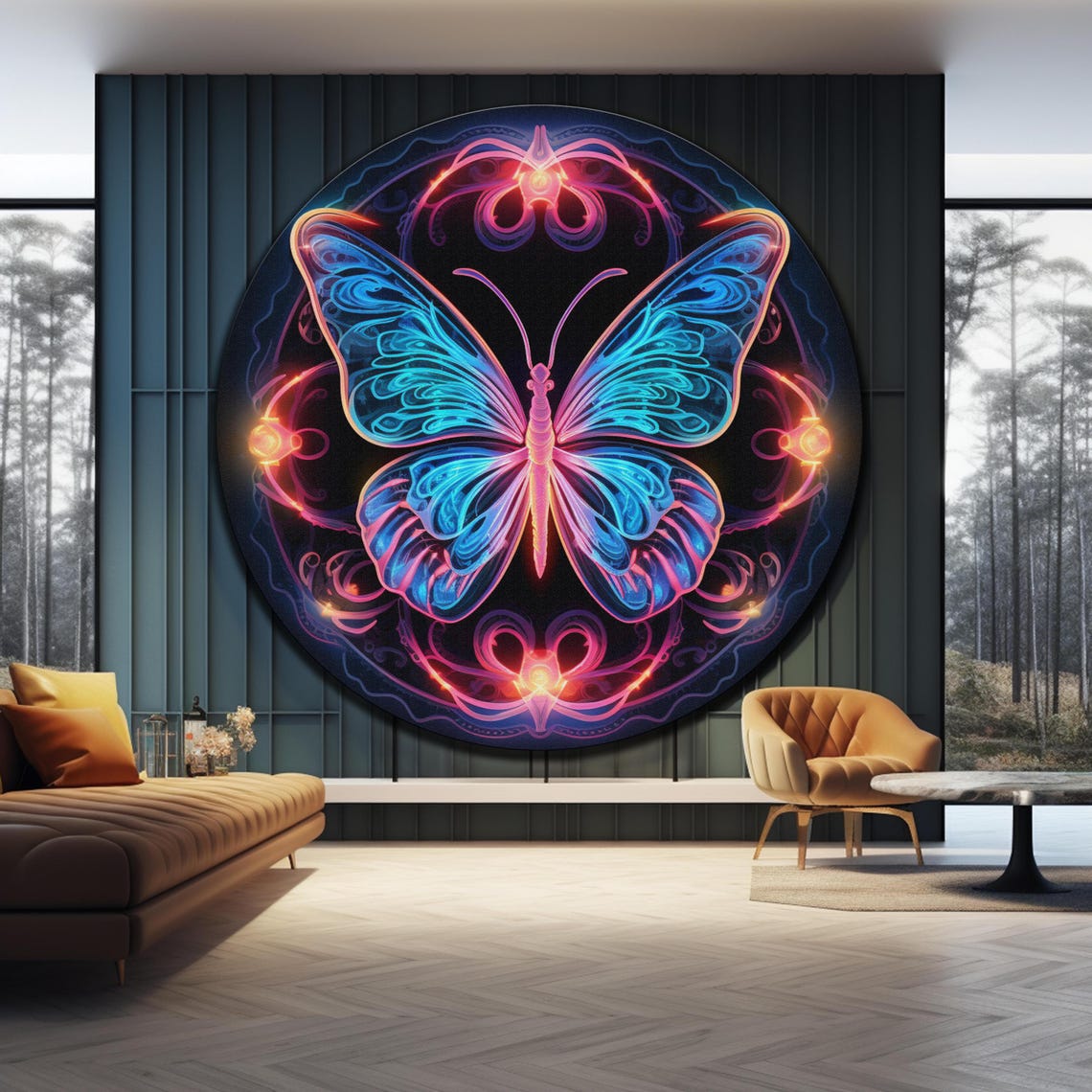 Neon Butterfly Mandala Round Pink Blue Glow Insect Wall Art Poster - Image 4