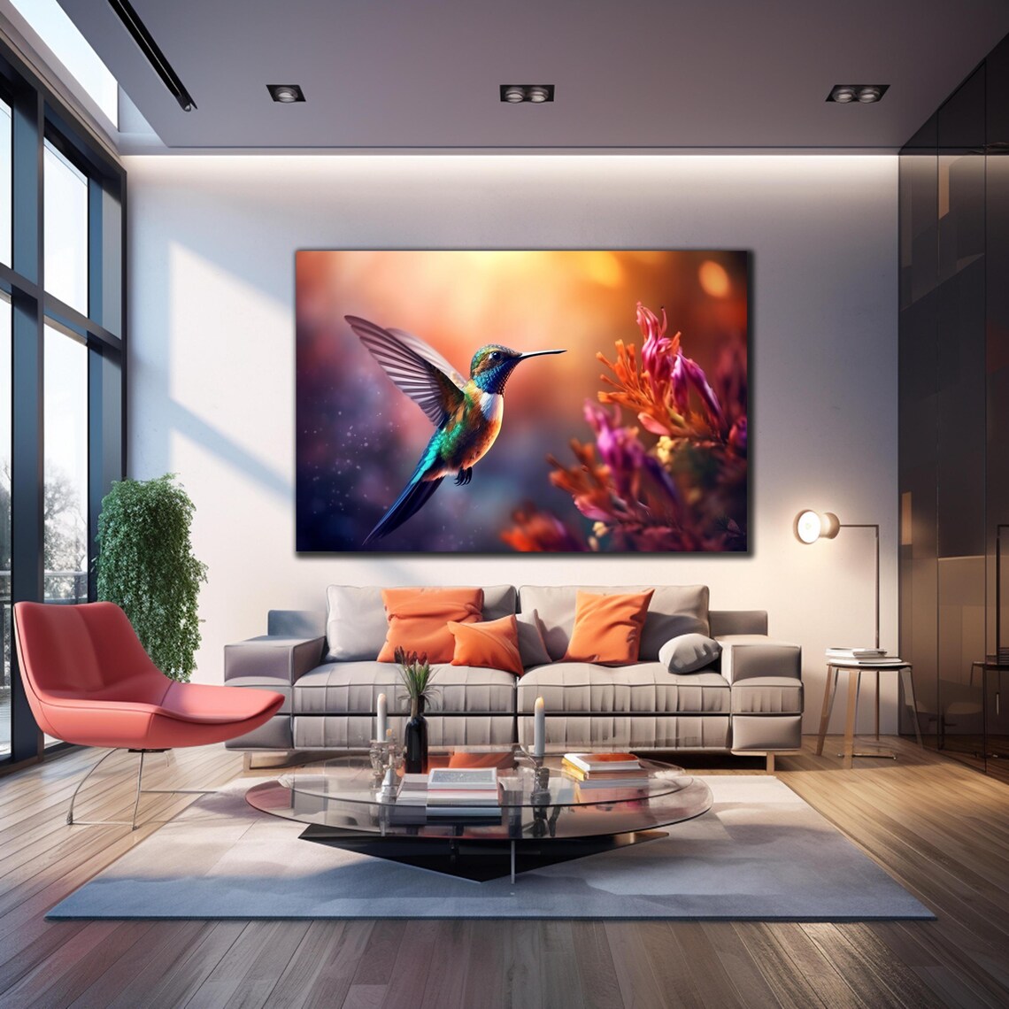 Iridescent Blue Green Hummingbird Orange Flowers Sunset Art Poster - Image 3