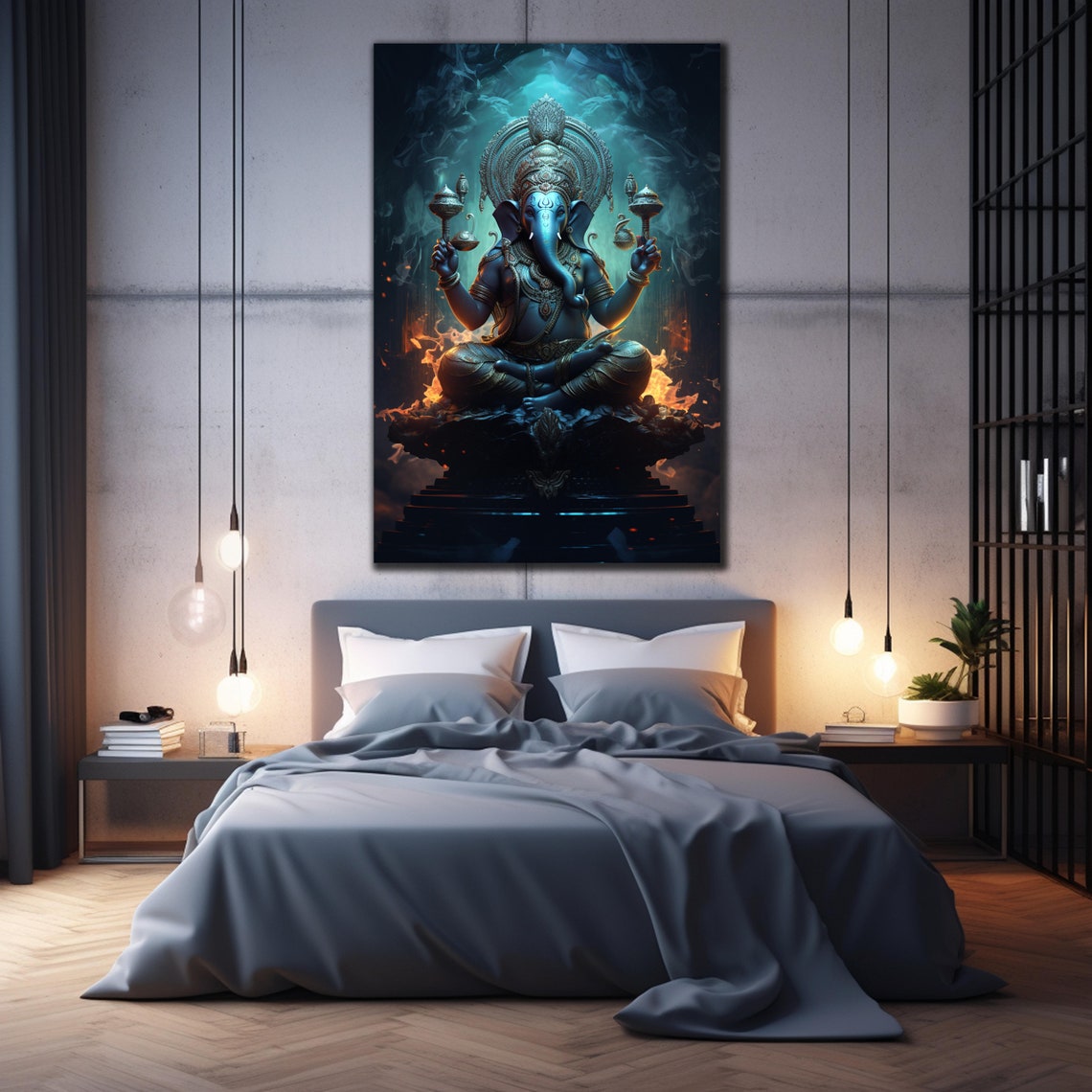 Lord Ganesha Dark Metallic Cosmic Smoke Throne Mystic Art Poster - Image 2