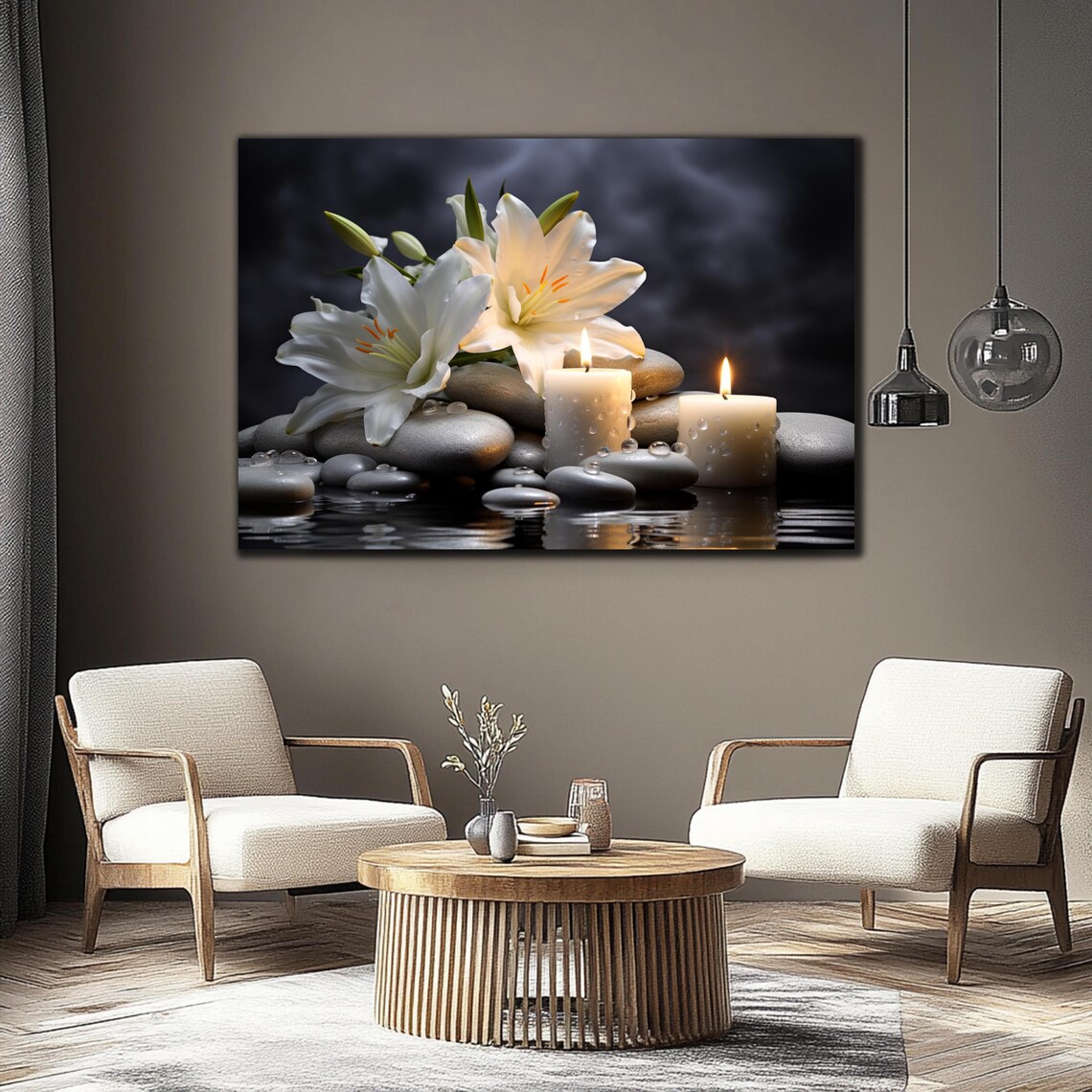 White Lilies Candles Spa Stones Zen Dark Background Serene Poster - Image 3