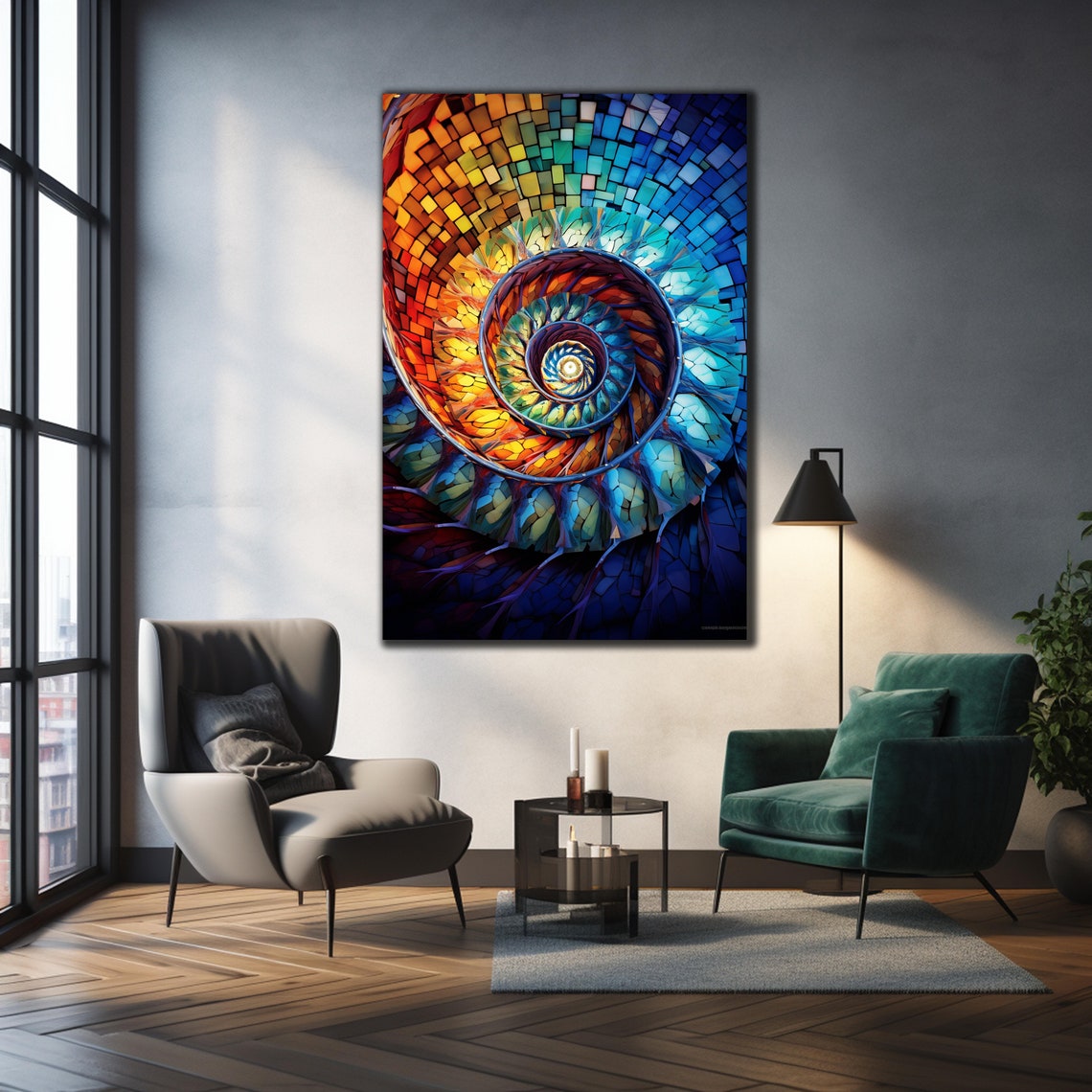 Spiral Staircase Mosaic Tile Art Blue Orange Geometric Wall Poster - Image 3