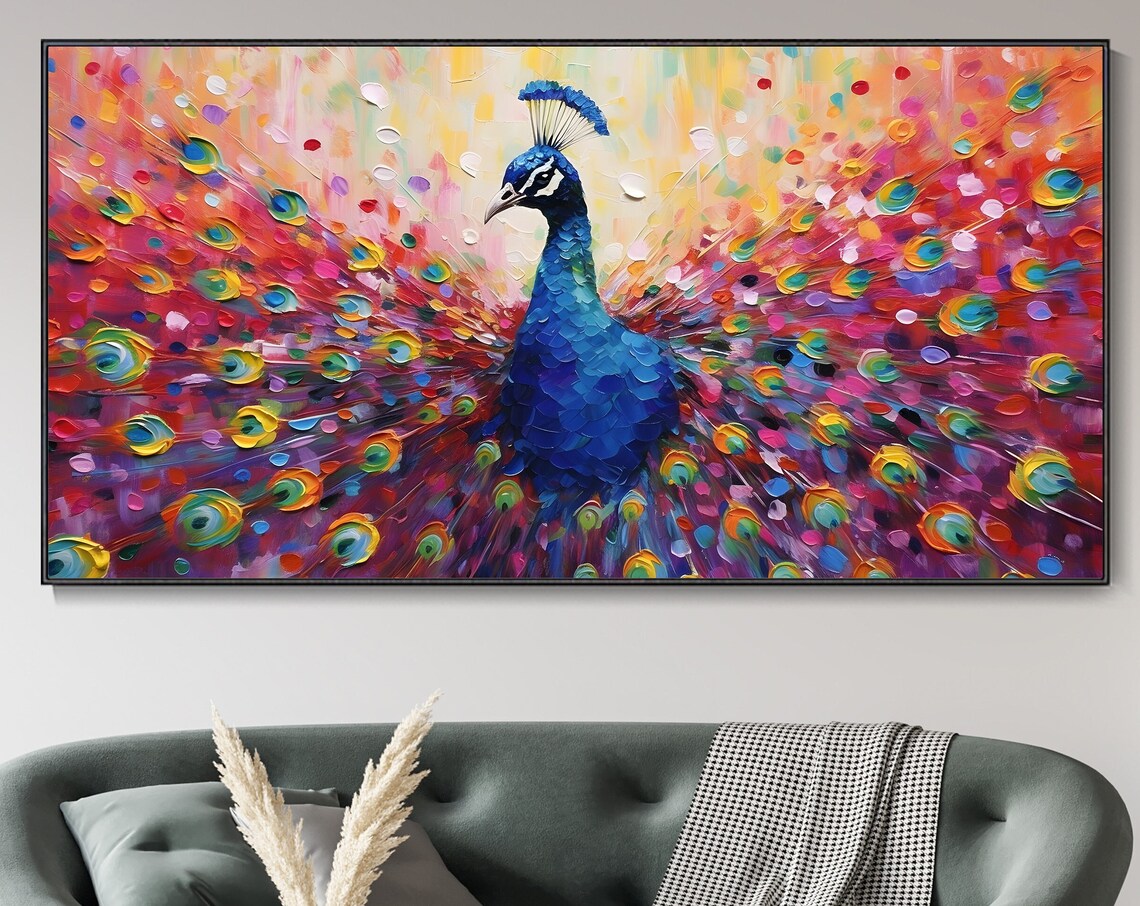 Peacock Hand Oil Painting, Boho Animal Art Print