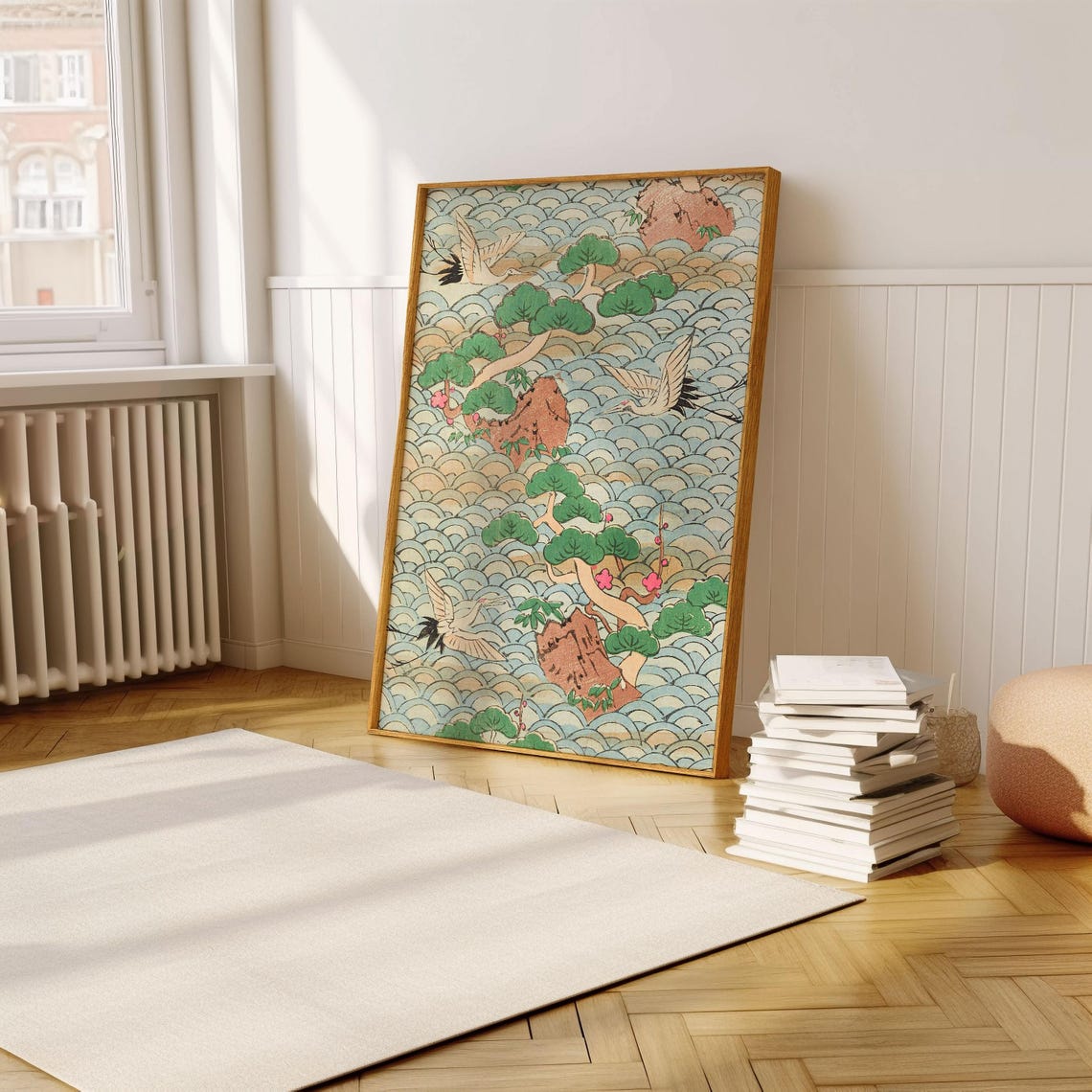 Korin Furuy Japanese Floral Art Print Vintage Beige Woodblock Exhibition Poster Rare Vintage Asian Japanese Traditional Ukiyo E Design - Image 2