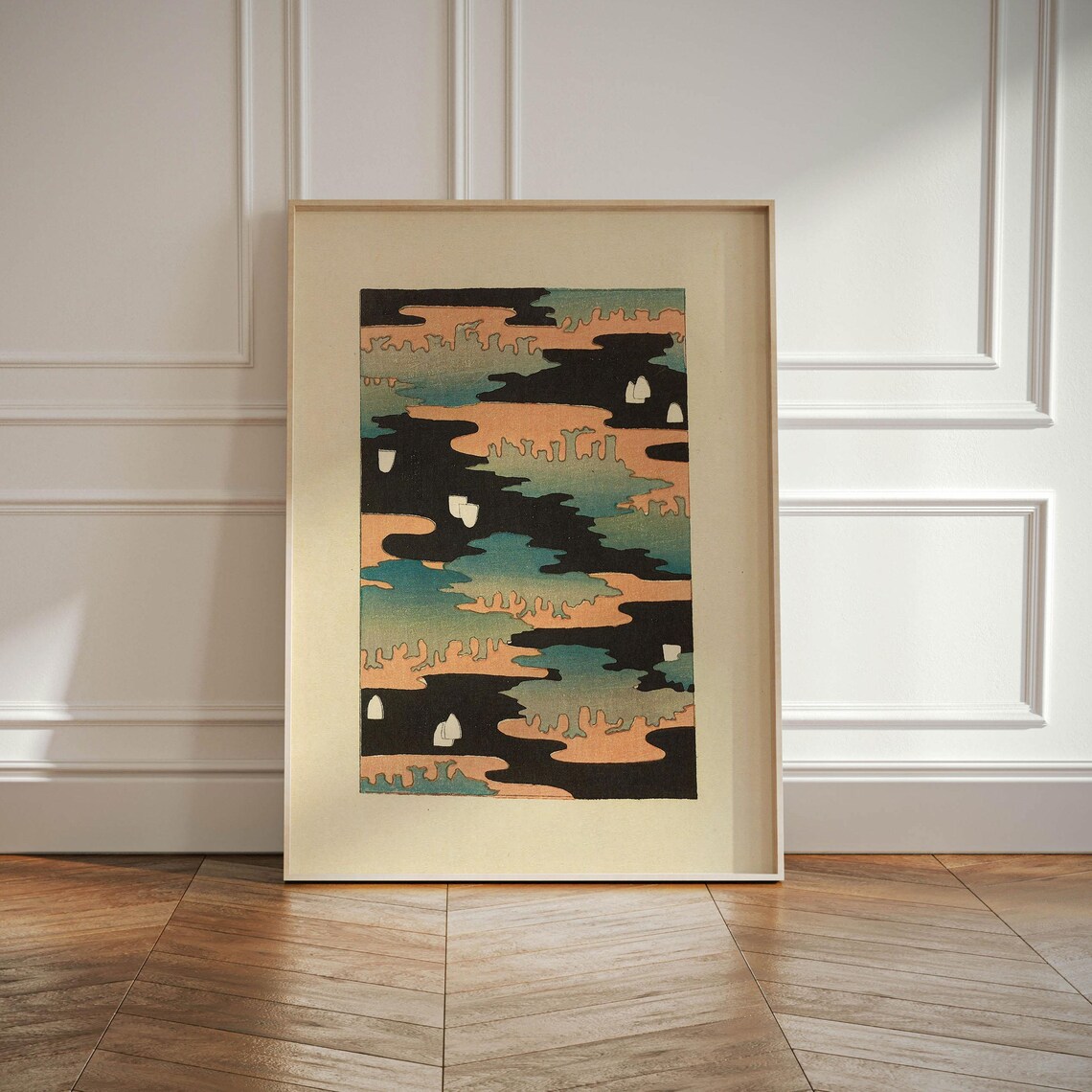 Japanese Black Night Clouds Coral Mist Abstract Woodblock Poster - Image 3