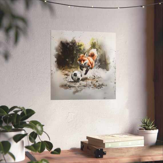 Fox Playing Soccer Ball Watercolor Action Shot Playful Wildlife Art Poster