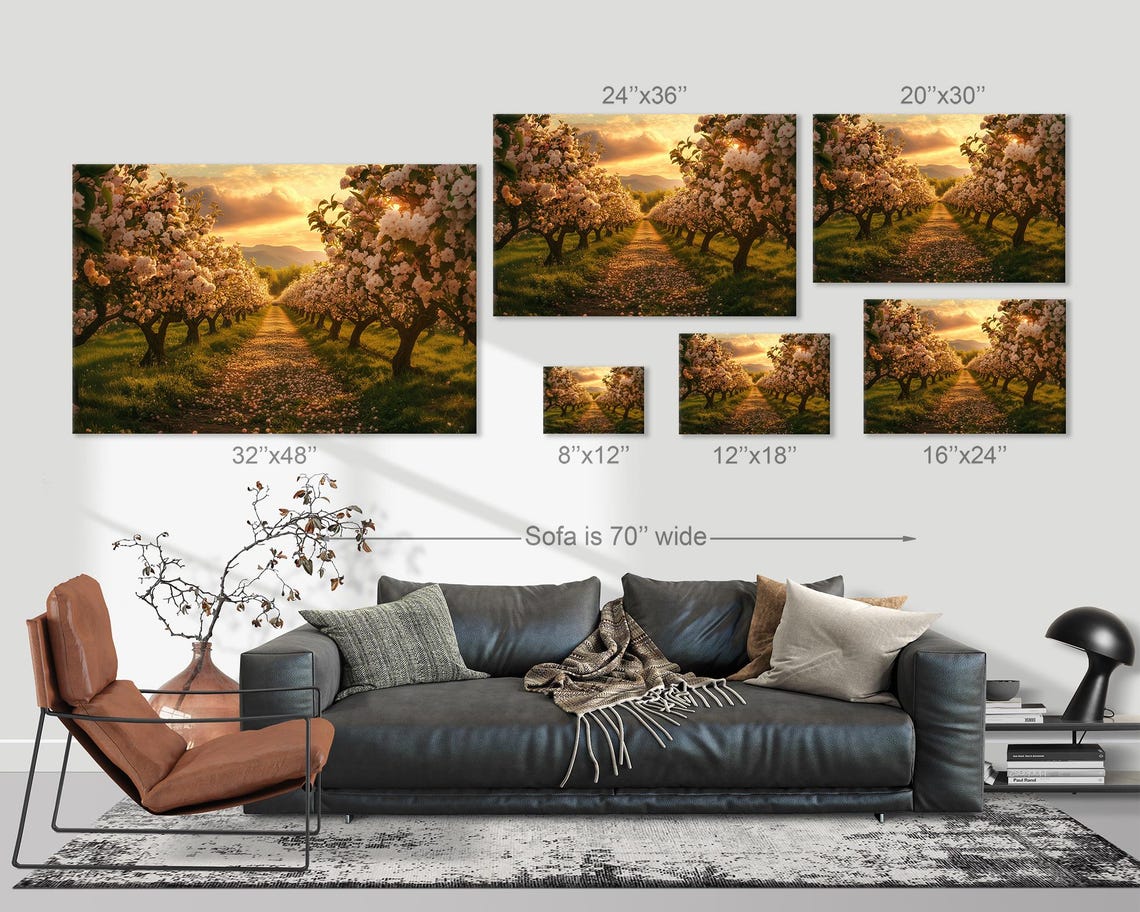 Golden Hour In A Flowering Orchard Romantic Pathway Wall Art - Image 3