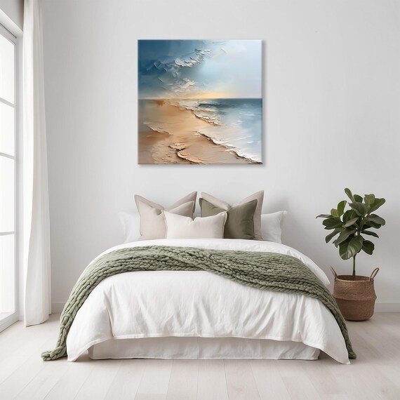 Calm Beach Waves Textured Shoreline Soft Blue Serene Ocean Print