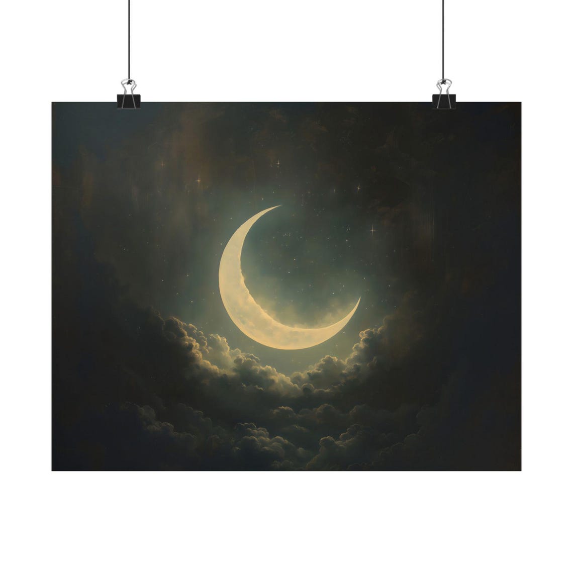 Luminous Golden Crescent Moon Night Sky Clouds Stars Dreamy Poster