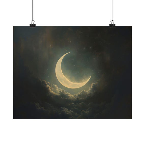 Crescent Moon Sky Poster Print Landscape Modern Painting Outdoor Nature Night Wall Print Airbnb Art Wall Decor