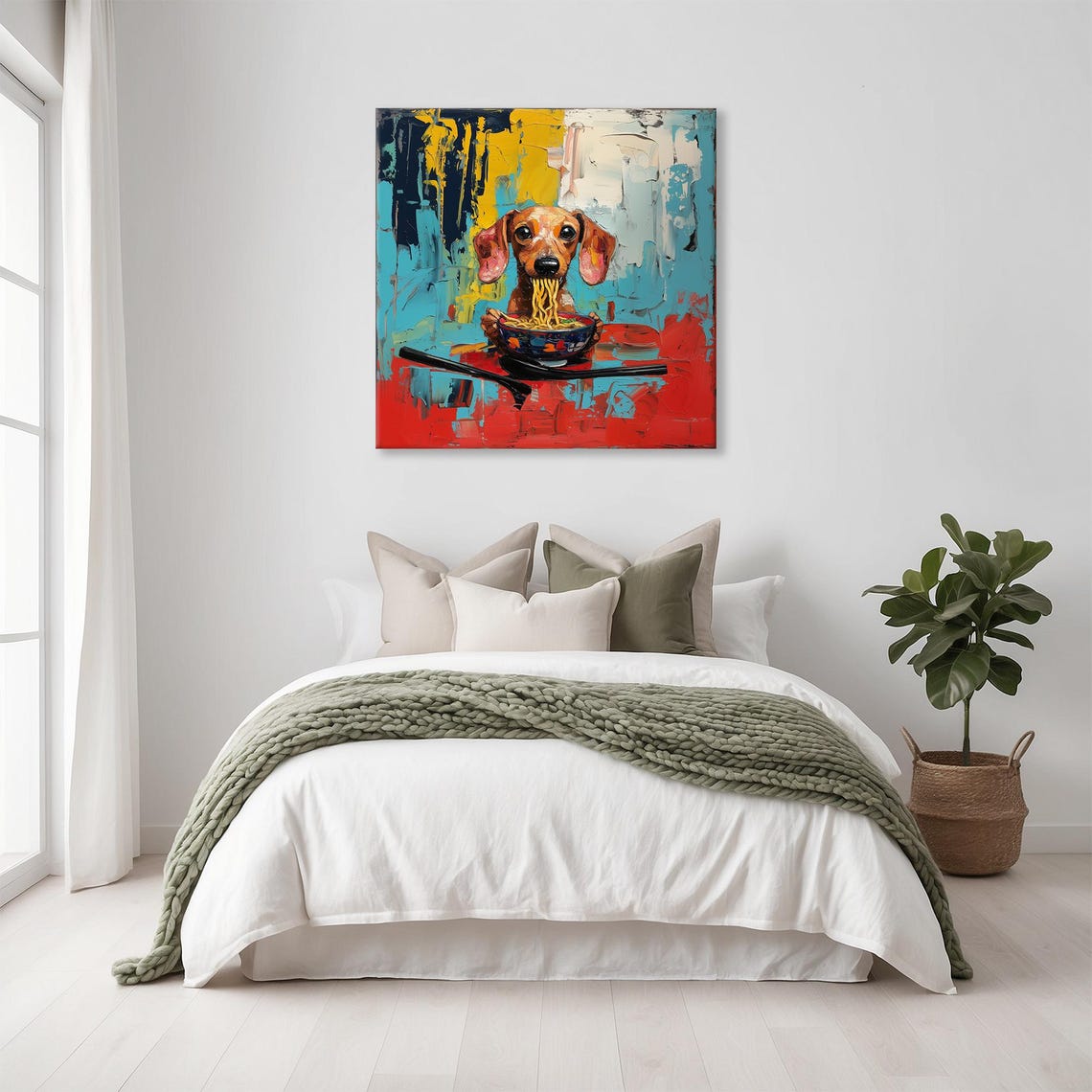 Maximalist Eclectic Dachshund Ramen Print Bold Altered Animal Portrait Fantasy Fun Colorful Renaissance Rustic Art