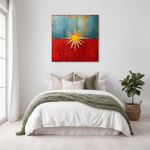 Vintage Weathered Geometric Sun Print Landscape Modern Painting Outdoor Nature Rustic Bright Wall Print Airbnb Art Wall Decor