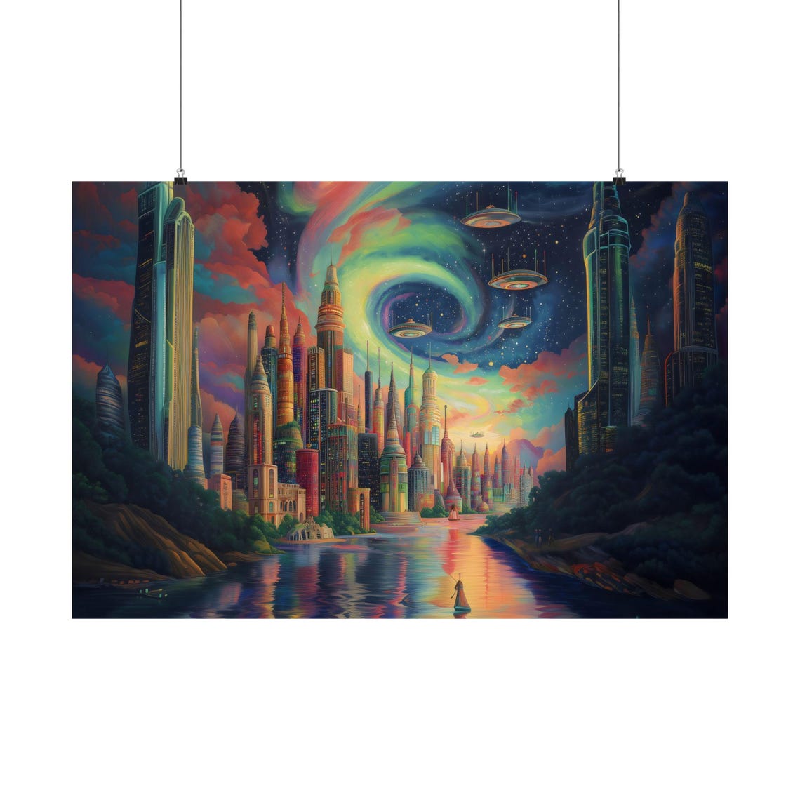 Alien Invasion Cityscape Aurora Lights UFO Sci Fi Skyline Poster