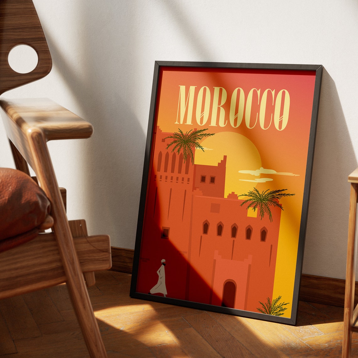 Morocco Sunset Travel Poster with Kasbah Palms and Warm Colors