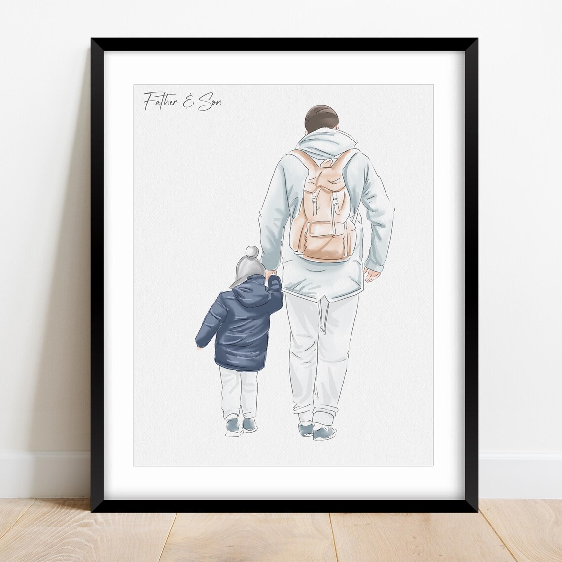 Father and Son Walking Together Minimalist Portrait Print Gift