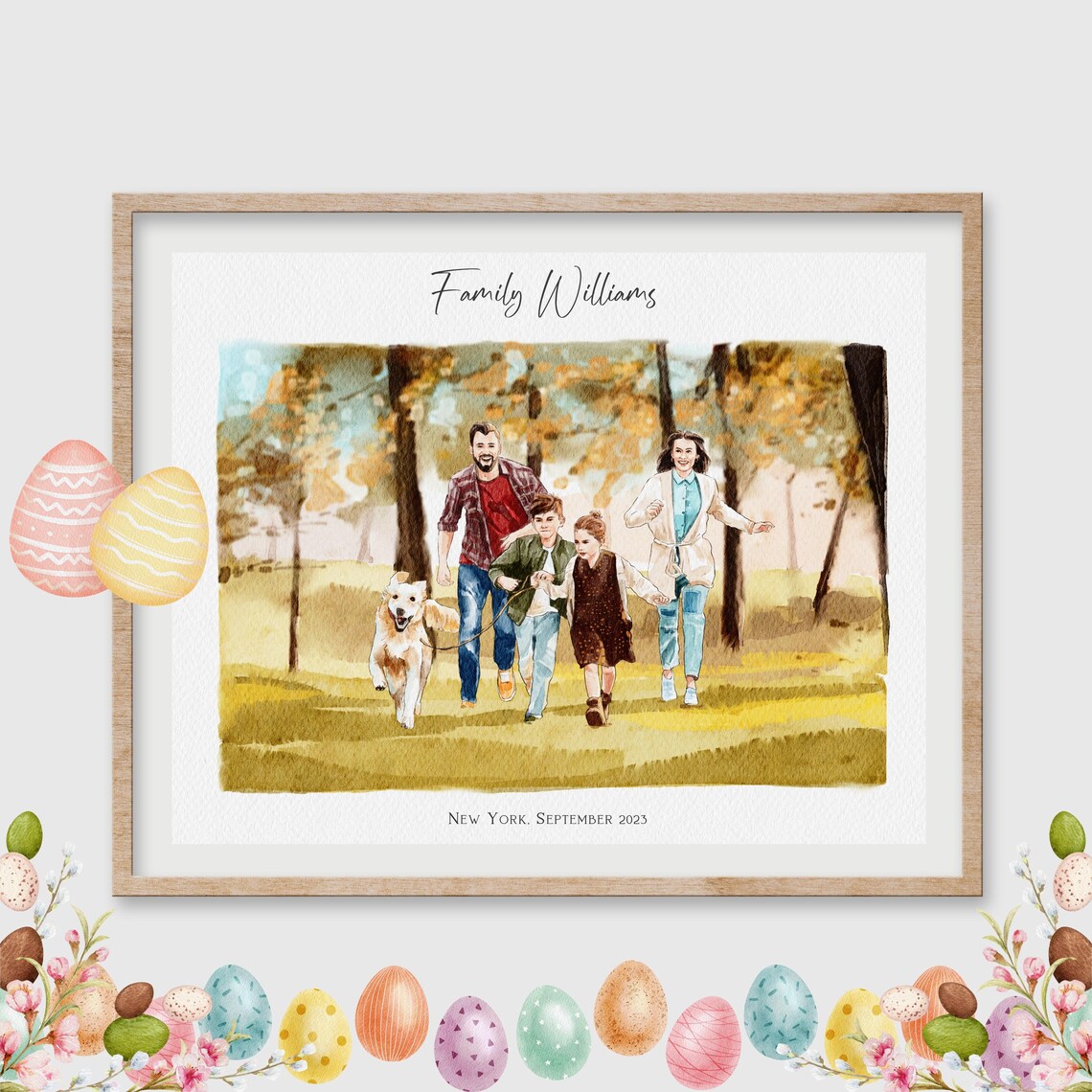 Custom Family Running with Dog in Autumn Park Watercolor Print