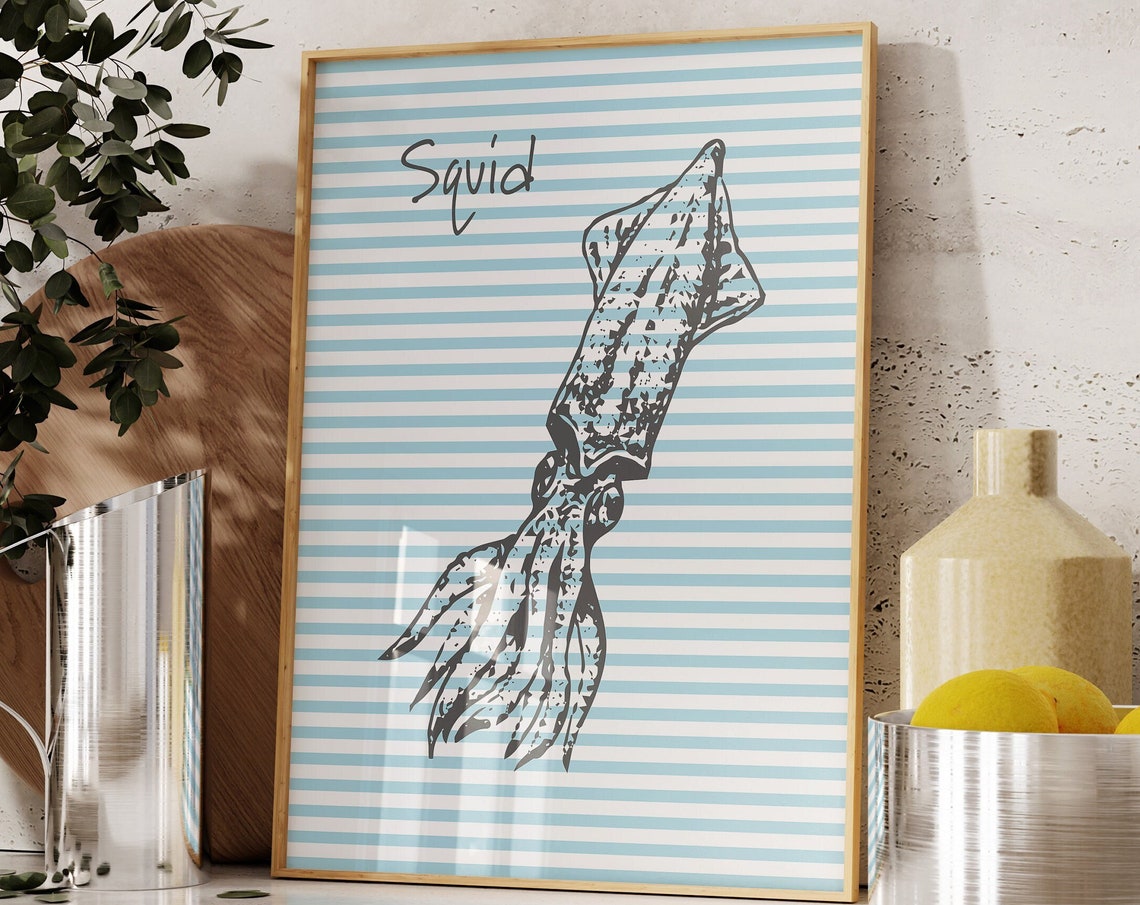 Squid Black Ink Illustration on Blue Striped Coastal Kitchen Poster - Image 2