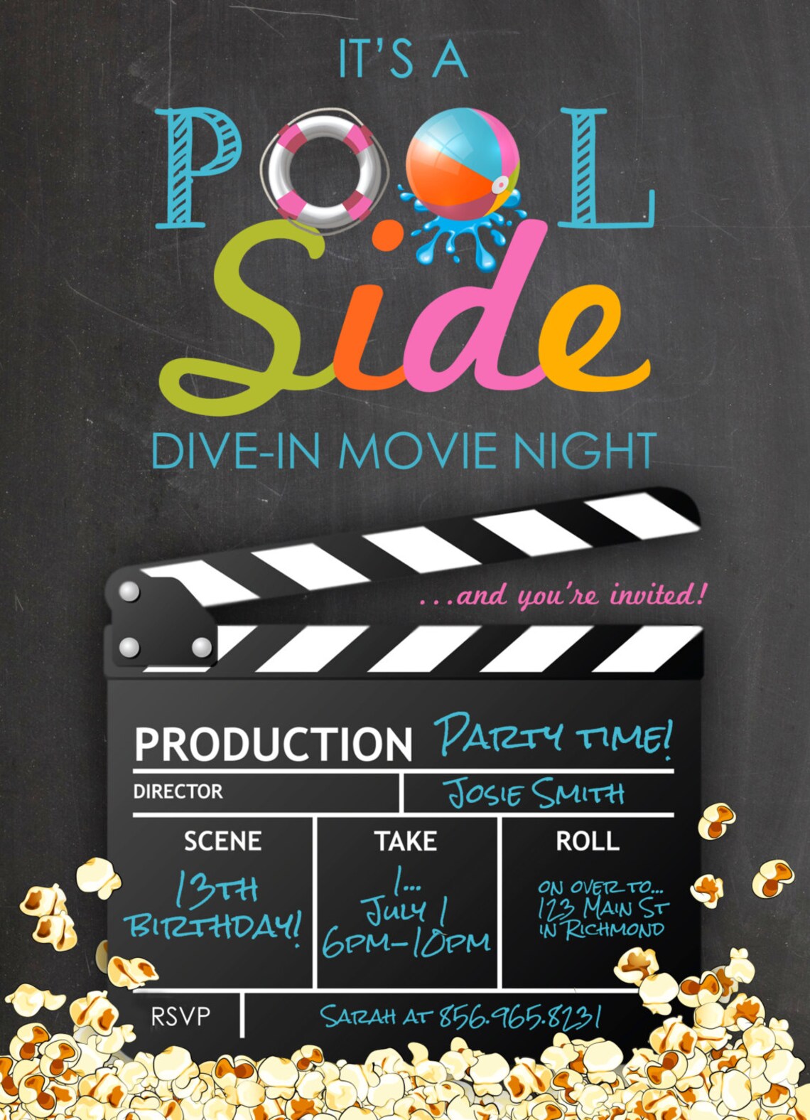 Pool Party Movie Night Invitation, Teen Girl Art Print - Image 3