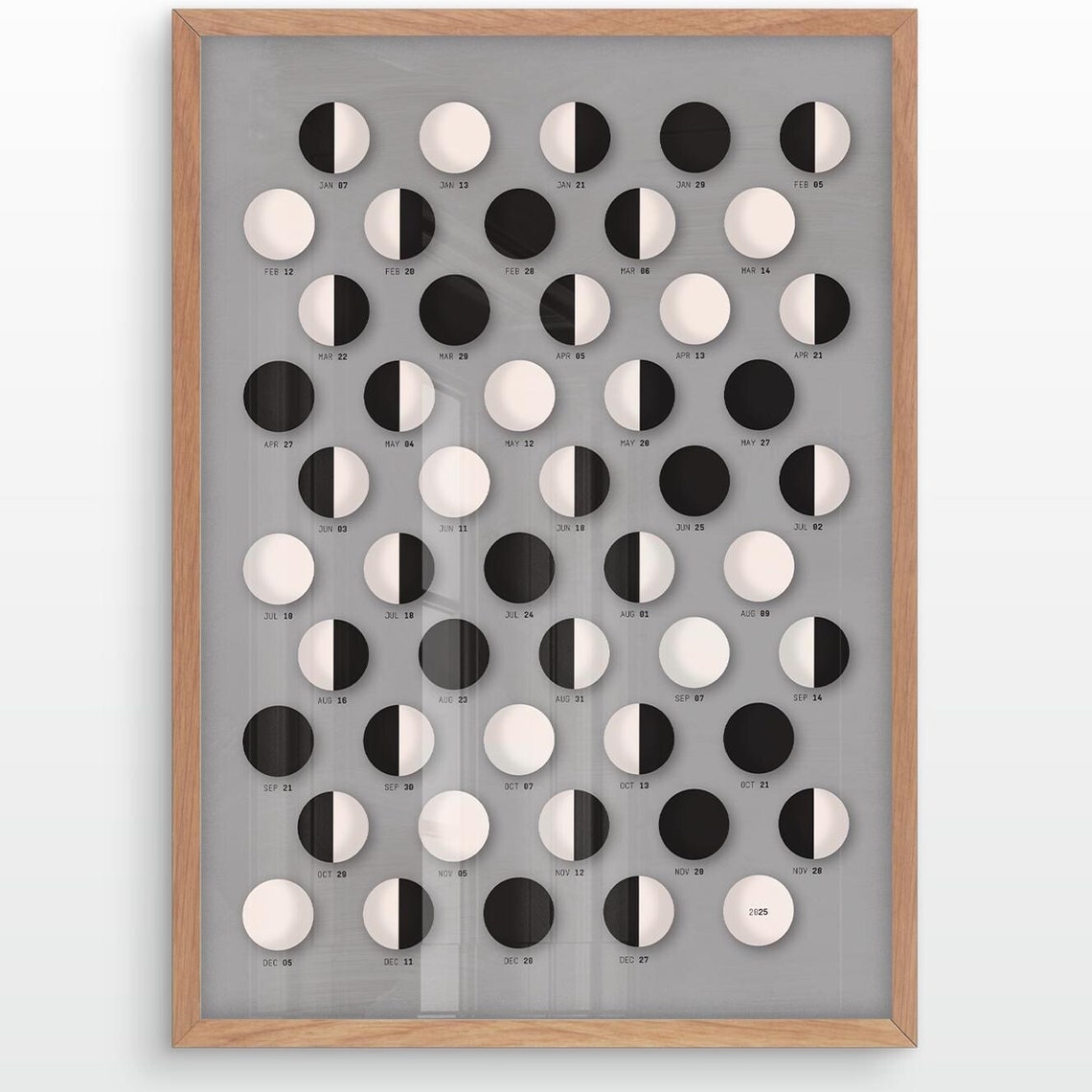 2025 Moon Phase Calendar Poster with Monthly Lunar Cycle Chart