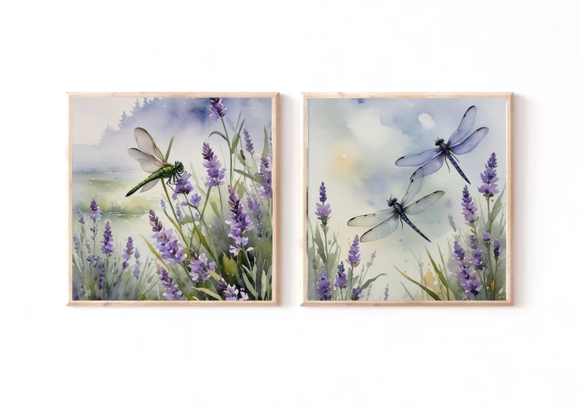 Dragonfly Pair and Lavender Meadow Watercolor Art Print - Image 2