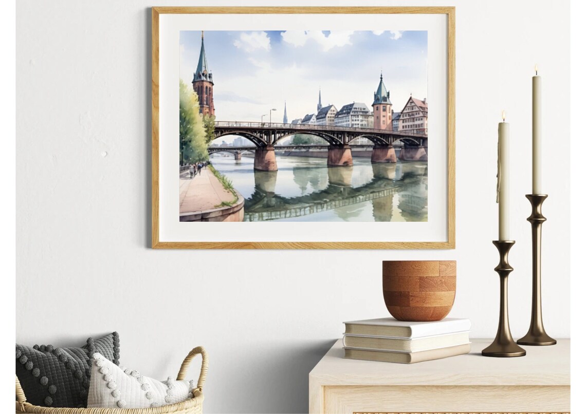 Frankfurt Iron Bridge Main River Church Towers Watercolor Poster - Image 2