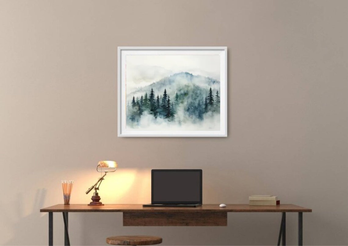 Foggy Mountain Pine Forest Watercolor in Pale White Mist Poster - Image 2