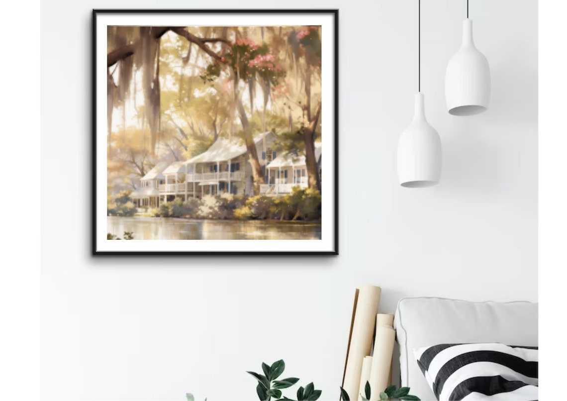 Louisiana Landscape Watercolor Painting River And House In Louisiana Art Print Panoramic Cityscape Wall Art Large Louisiana Poster - Image 2