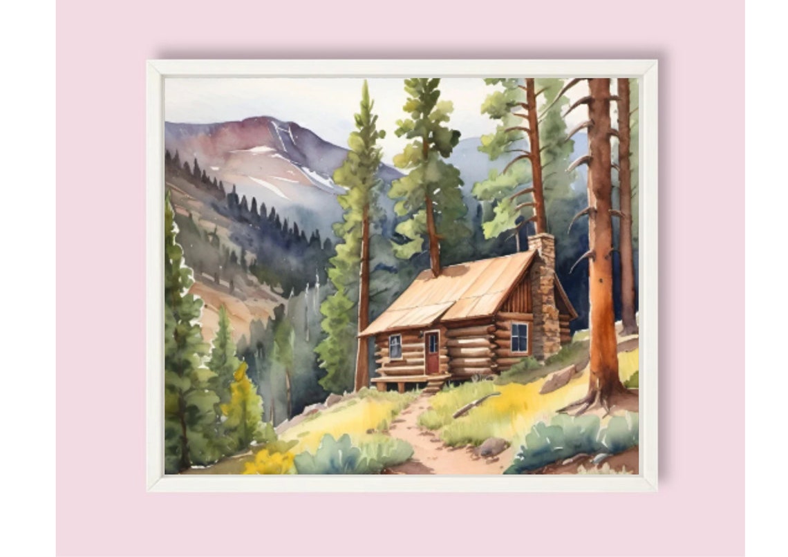 Colorado Mountain Cabin Pine Forest Watercolor Landscape Poster - Image 6