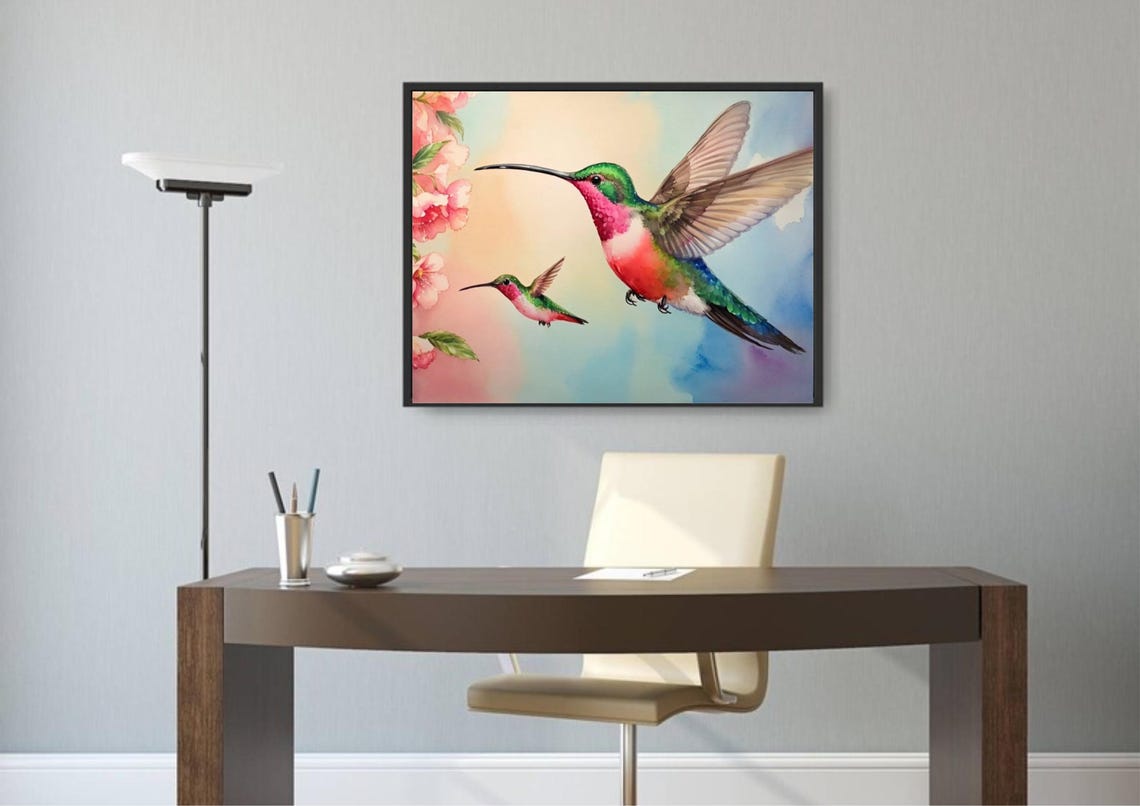 Hummingbirds And Flowers Painting Birds Watercolor Art Print Green Red Flying Birds Wall Art Blossomed Flowers Art Birds Lovers Gifts - Image 4