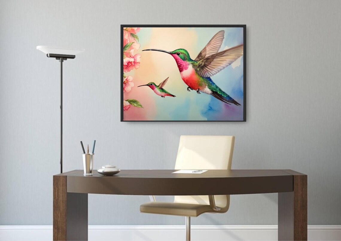Two Hummingbirds In Flight Near Pink Blossoms Watercolor Poster - Image 4