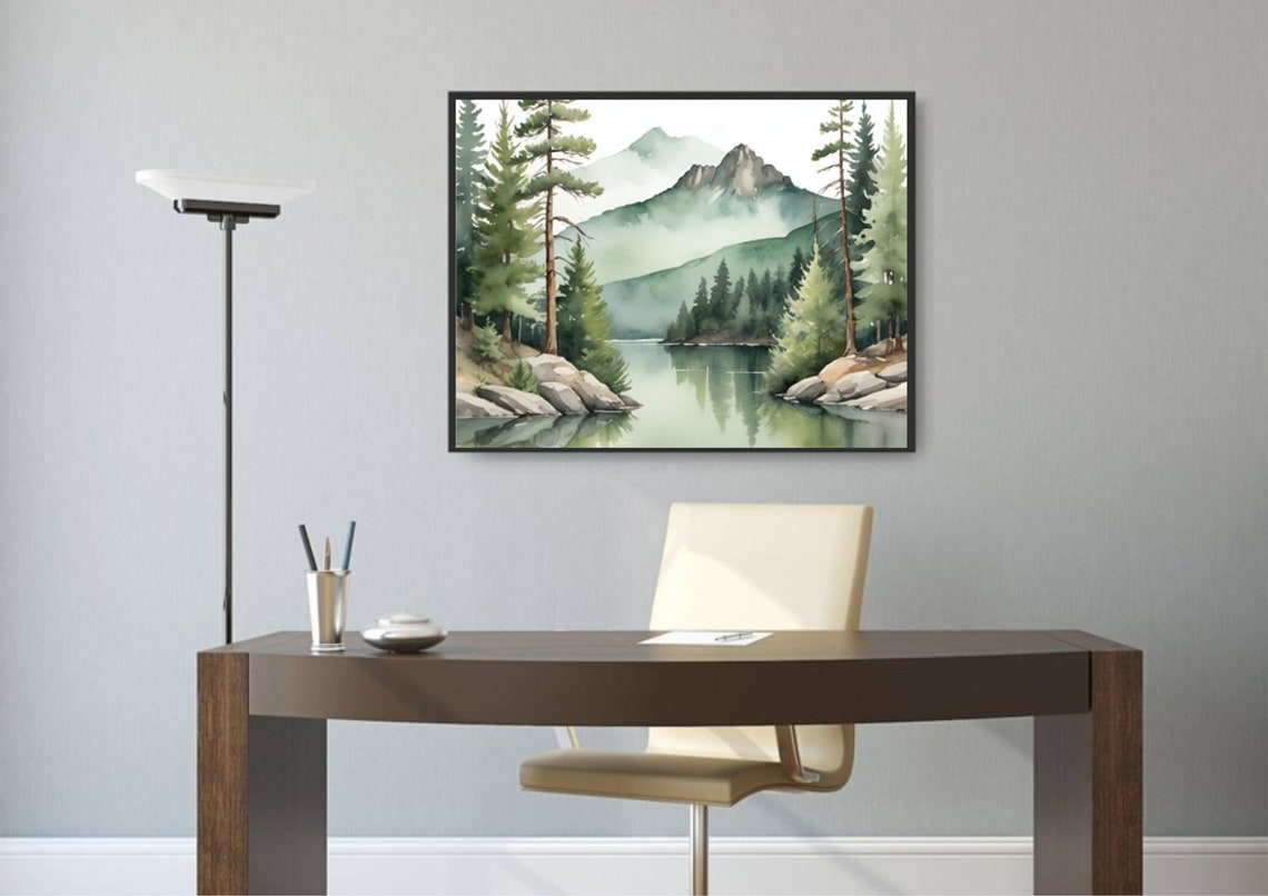 Mountain Lake Pines Misty Peaks Reflection Watercolor Poster - Image 5