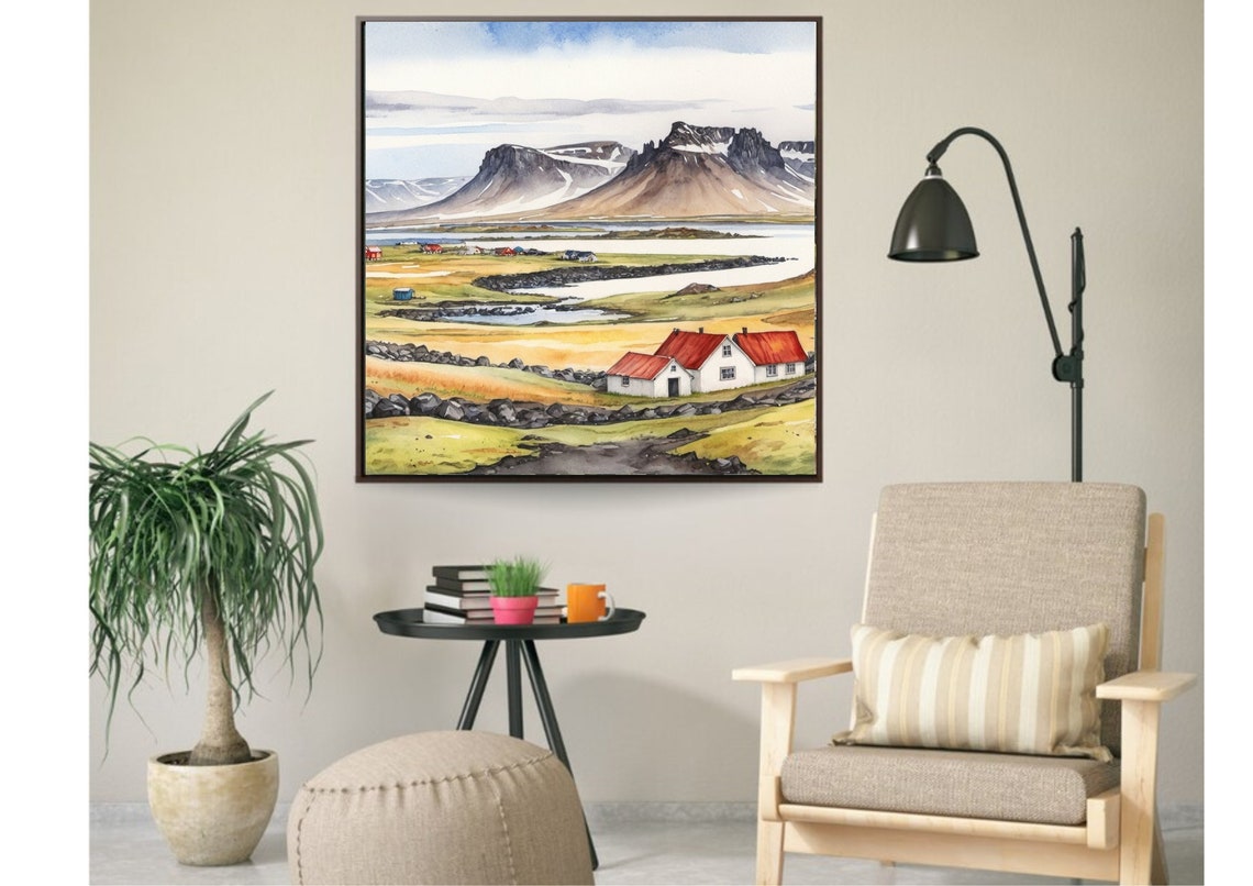 Iceland Painting Iceland House Watercolor Art Print Mountain Landscape Wall Art Panoramic Scandinavian Country Landscape Art Iceland Gifts - Image 3