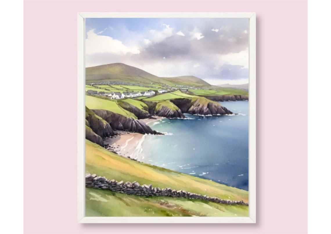 Dingle Peninsula Ireland Green Cliffs Village Watercolor Poster - Image 6