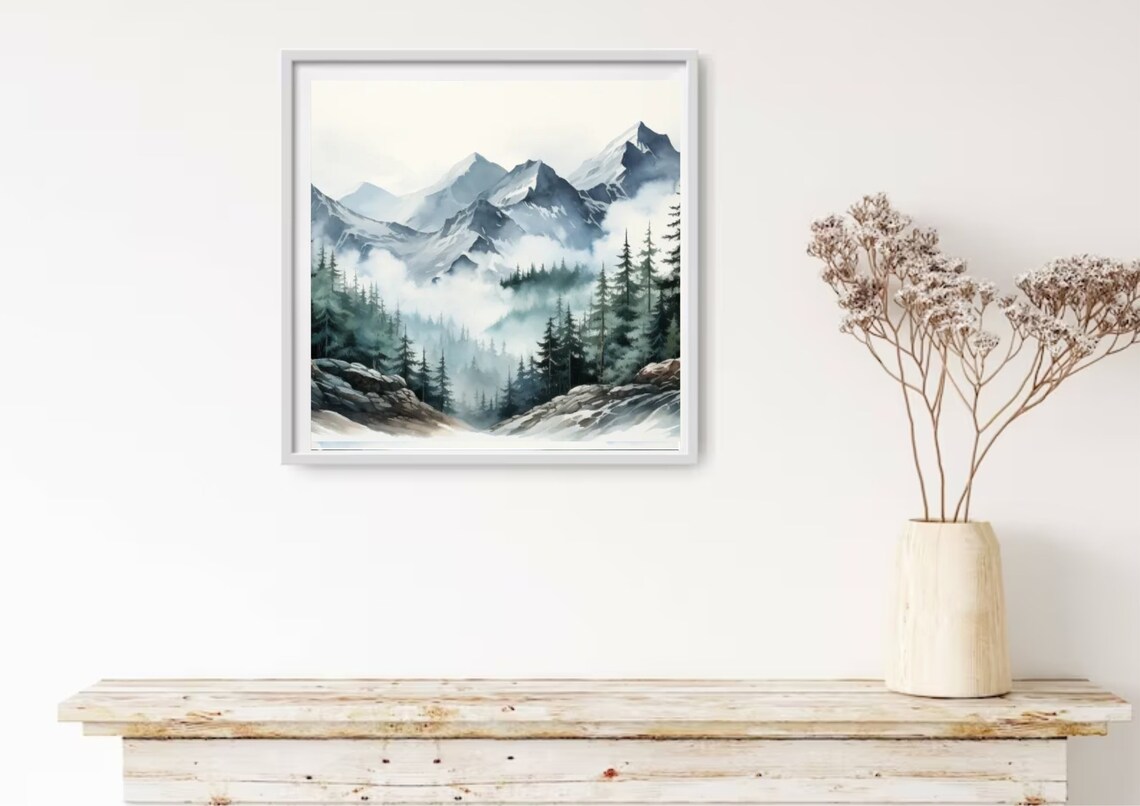 Misty Mountain Peaks Pine Valley Foggy Gray Watercolor Panorama Poster - Image 3