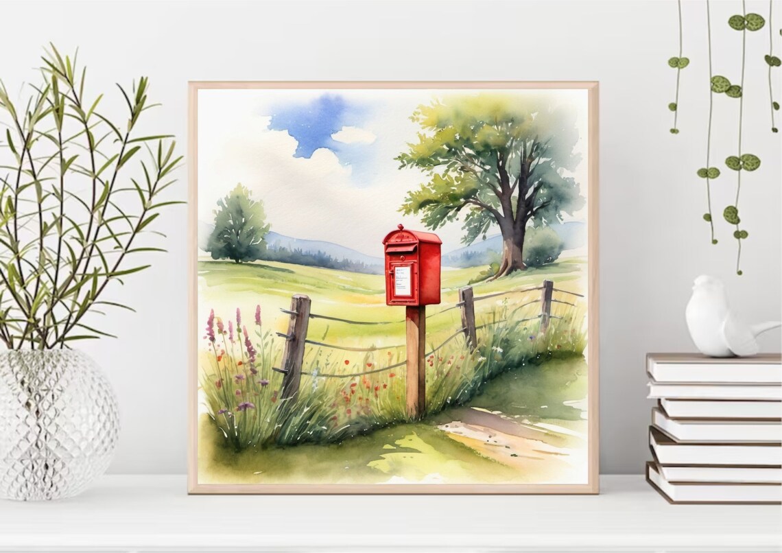 Mailbox on Country Road Watercolor Landscape Art Print - Image 3