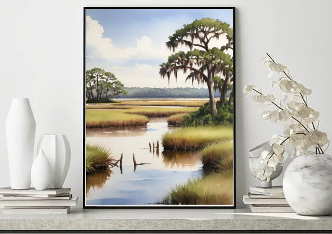 Marsh Painting Charleston Lowcountry Watercolor Art Print Neutral Landscape Wall Art Beige Gree Art Salt Marsh Watercolor Painting Print - Image 5