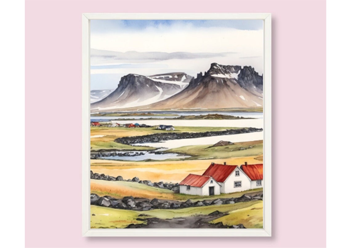 Iceland Painting Iceland House Watercolor Art Print Mountain Landscape Wall Art Panoramic Scandinavian Country Landscape Art Iceland Gifts - Image 6