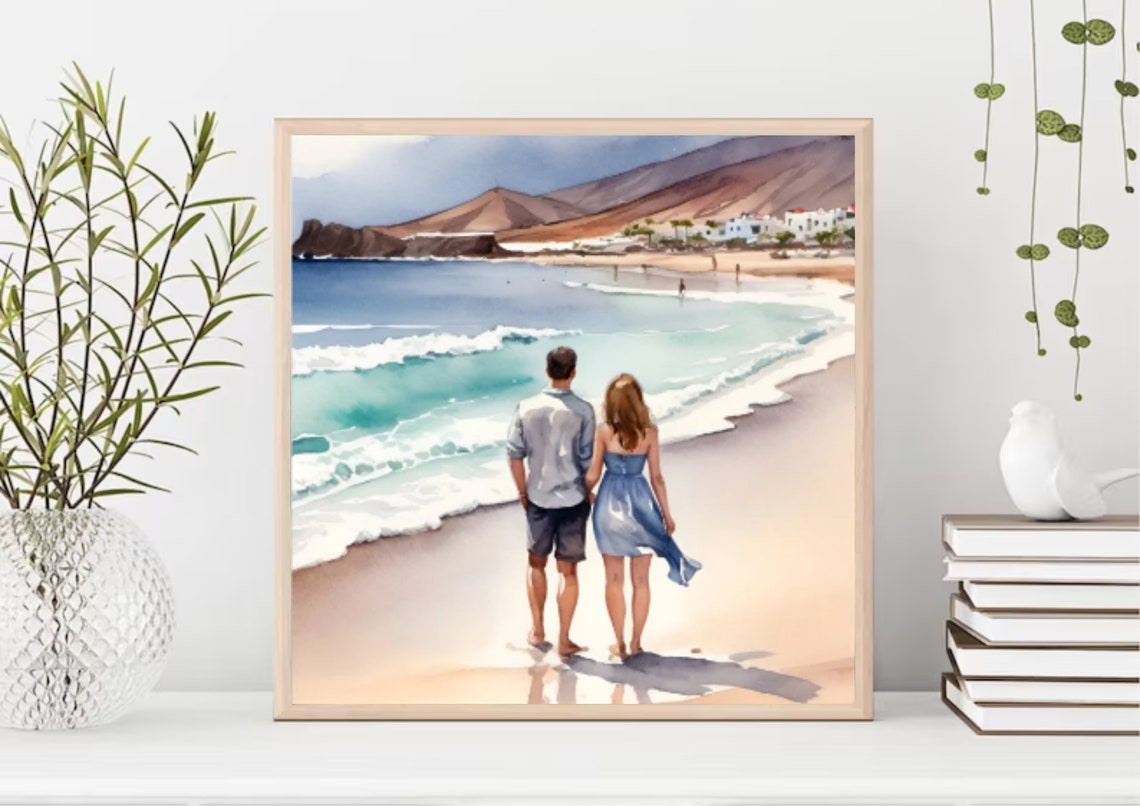 Fuerteventura Painting Canary Islands Watercolor Art Print Lovers On Costa Calma Beach Wall Art Man And Woman On The Beach Art Seascape Art - Image 3
