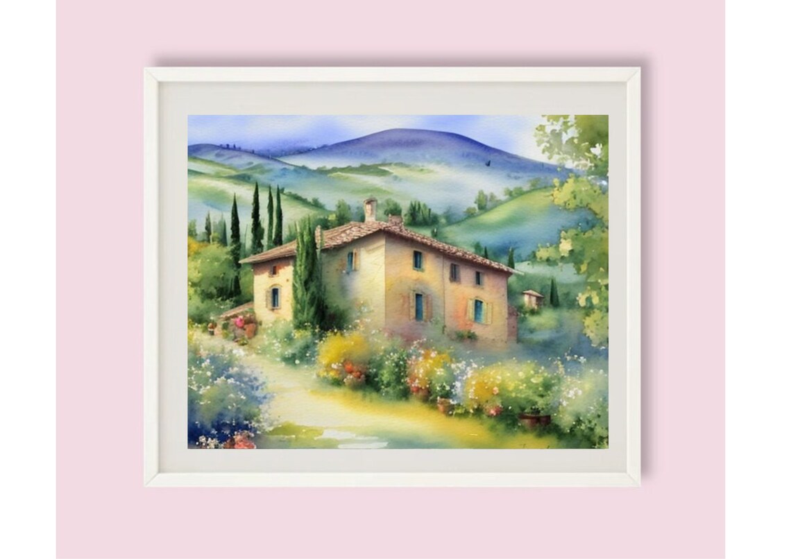 Tuscany Country Villa Watercolor Among Cypress Trees and Hills Poster - Image 6