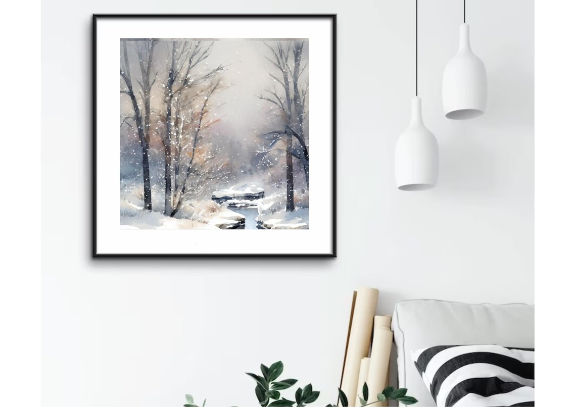 Winter Foggy Forest and River Watercolor Art Print - Image 2