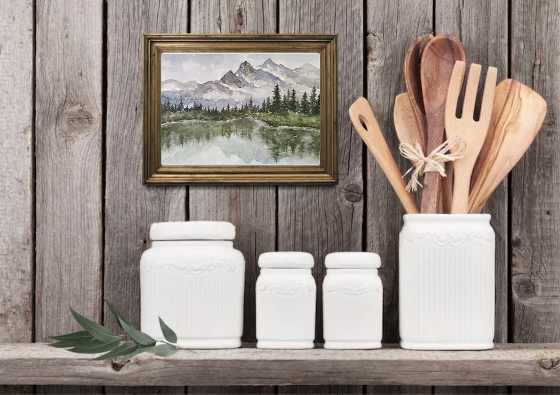 Misty Snowy Mountain Peaks Reflected In A Pine Forest Lake Art Poster - Image 2