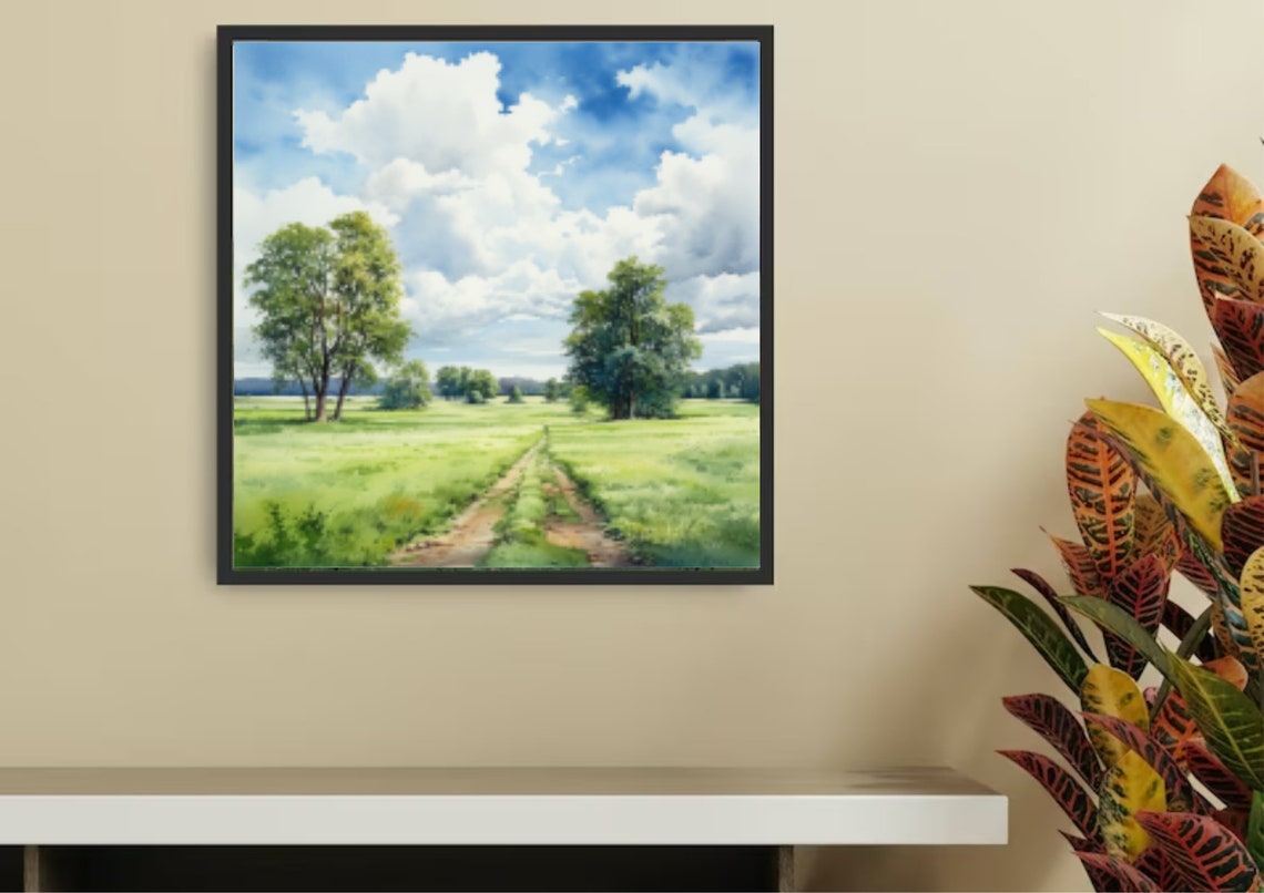 Sunny Green Meadow Path Between Two Grand Trees Watercolor Wall Art - Image 4