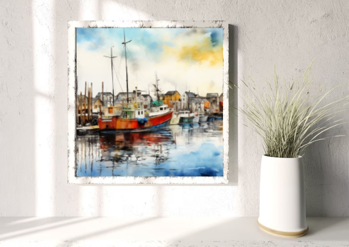 Scandinavian Fishing Village Painting Fishing Ships Watercolor Art Print Harbor Wall Art Scandinavian Houses Art Panoramic Sea Port Painting - Image 3