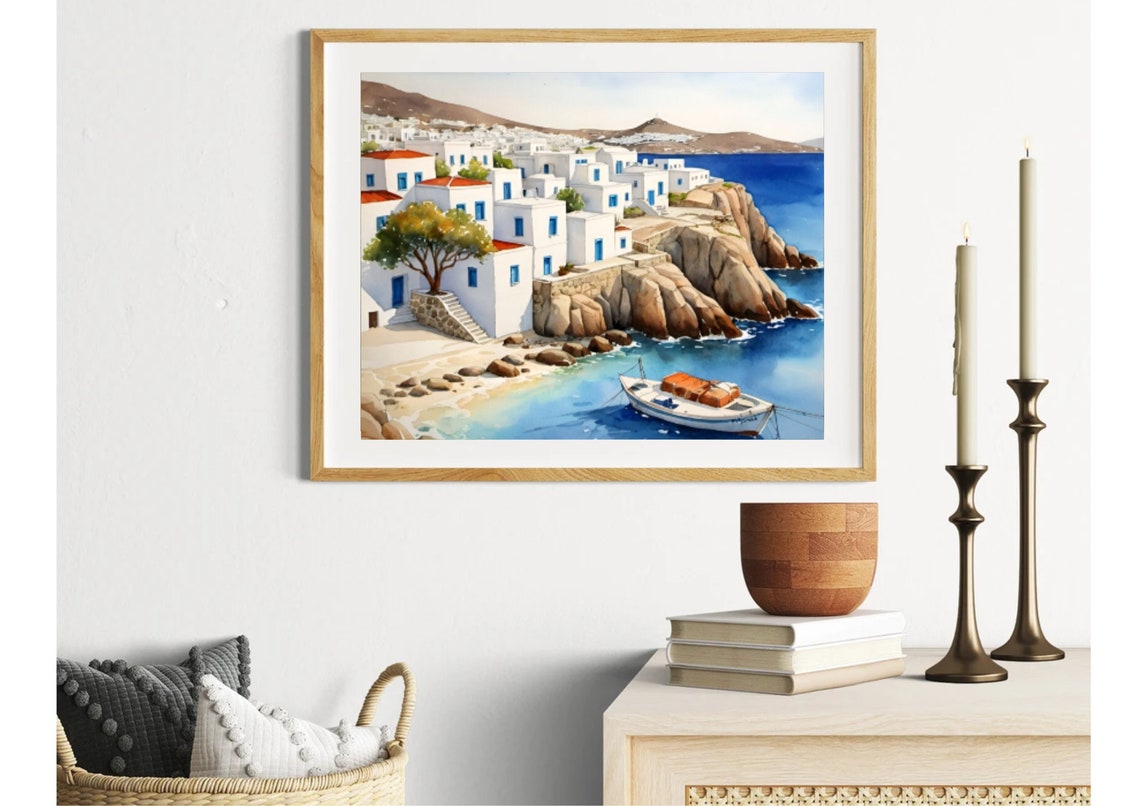 Mykonos Painting Greece Watercolor Art Print Greek Island Wall Art Cyclades Islands Travel Poster Mykonos Cityscape Artwork Greece Gifts - Image 2